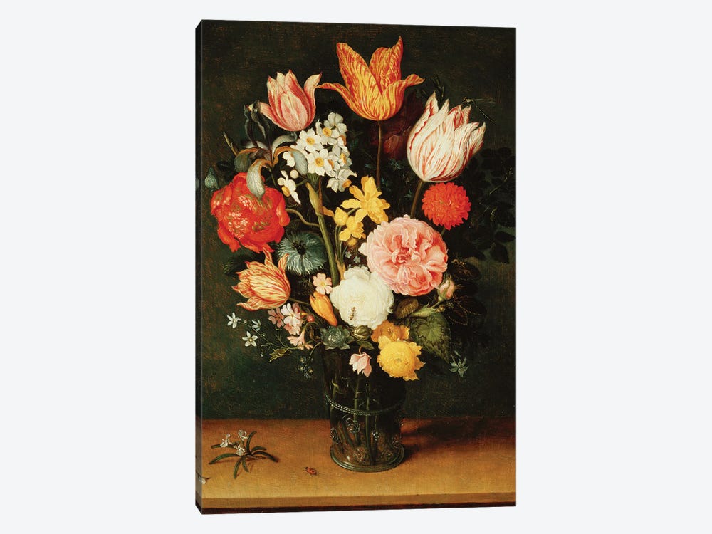 Tulips, Roses and other Flowers in a Glass Vase  by Balthasar van der Ast 1-piece Canvas Art Print