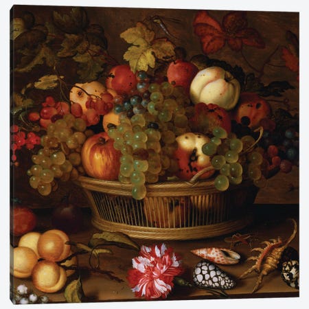 Grapes, Apples, a Peach and Plums in a Basket with Lily of the Valley  Canvas Print #BMN5477} by Balthasar van der Ast Canvas Art Print