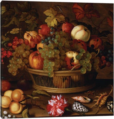 Grapes, Apples, a Peach and Plums in a Basket with Lily of the Valley  Canvas Art Print - Grasshoppers