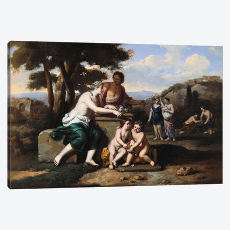 Nymphs gathering Flowers in a Landscape  Canvas Print #BMN5512} by Gerard Hoet Canvas Art Print