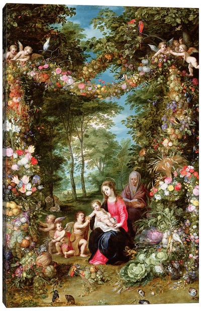 The Virgin And Child With The Infant St. John The Baptist, St. Anne And Angels Canvas Art Print - Religious Figure Art
