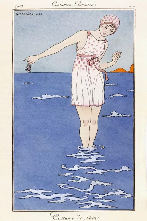 Parisian clothing: Bathing costume, 1913 (coloured print) by George Barbier wall art