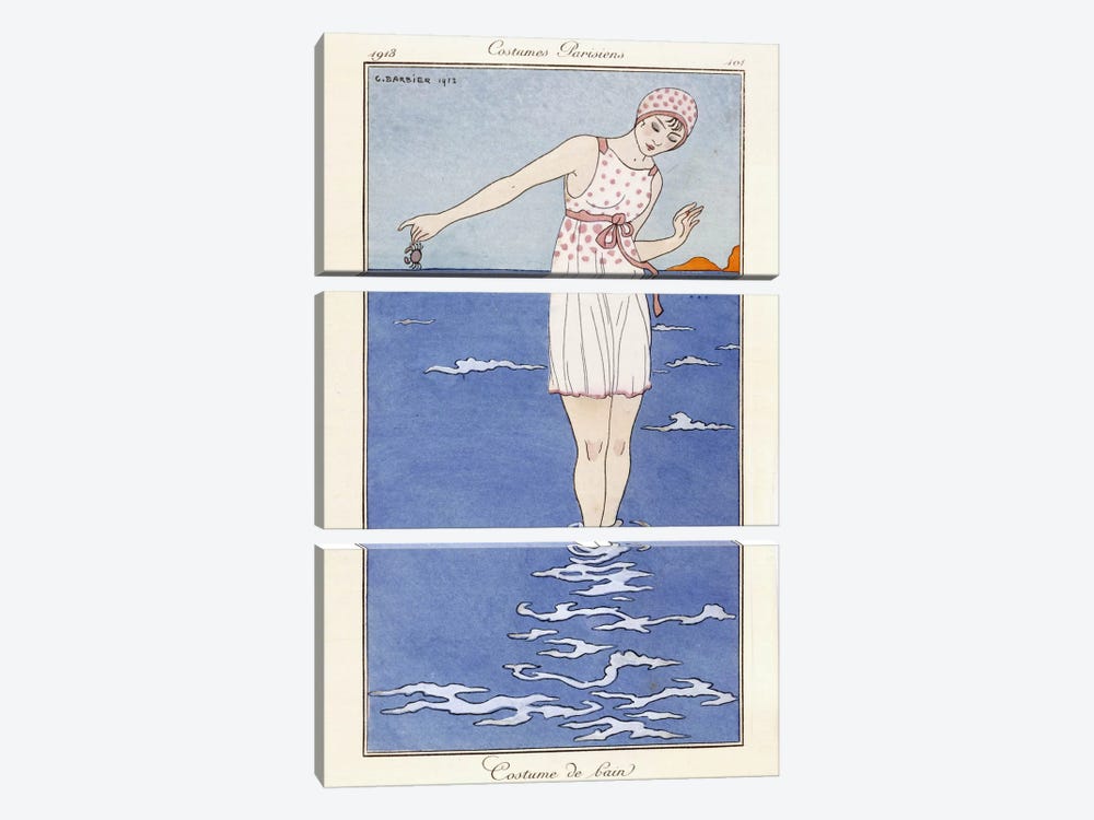 Parisian clothing: Bathing costume, 1913 (coloured print) by George Barbier 3-piece Canvas Wall Art