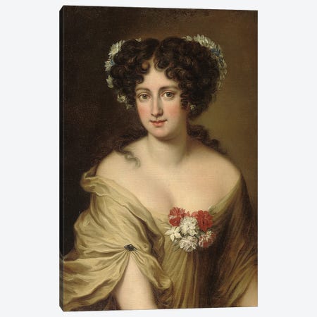 Portrait of Contessa Ortensia Ianni Stella, bust length, in an ivory chemise, with flowers in her hair  Canvas Print #BMN5605} by Jacob Ferdinand Voet Canvas Art