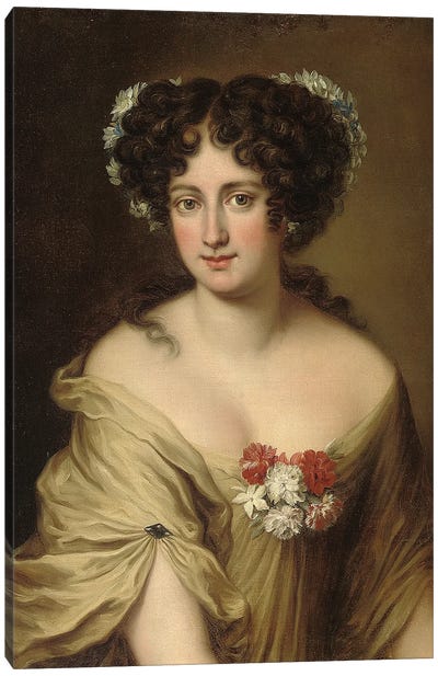 Portrait of Contessa Ortensia Ianni Stella, bust length, in an ivory chemise, with flowers in her hair  Canvas Art Print