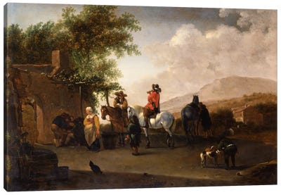 Travellers on horseback taking refreshment on a mountain pass, in an Italianate landscape  Canvas Art Print