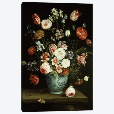 Flowers in a blue and white porcelain vase, with moths and other insects on a ledge  Canvas Print #BMN5636} by Jan van Kessel Canvas Art Print
