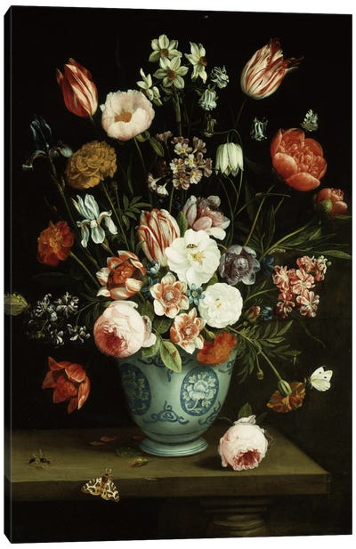Flowers in a blue and white porcelain vase, with moths and other insects on a ledge  Canvas Art Print