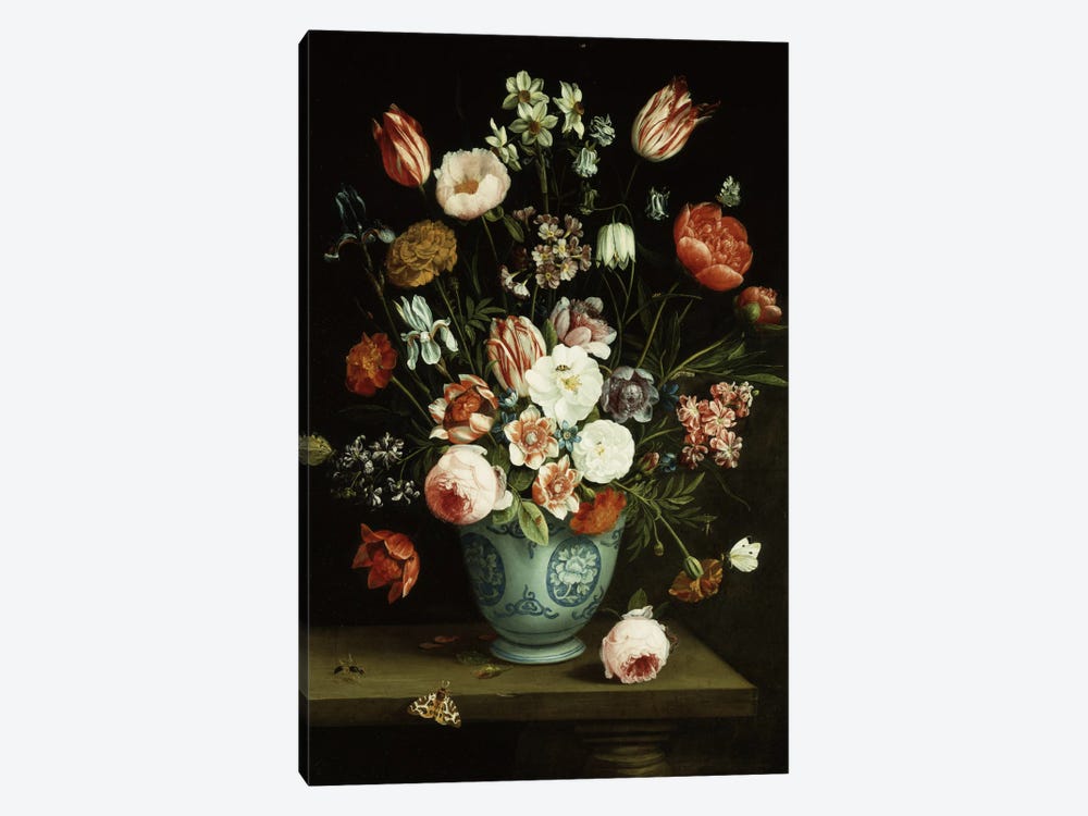 Flowers in a blue and white porcelain vase, with moths and other insects on a ledge  1-piece Canvas Artwork