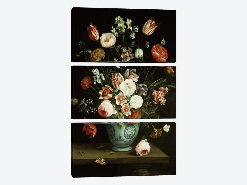 Flowers in a blue and white porcelain vase, with moths and other insects on a ledge  by Jan van Kessel 3-piece Canvas Wall Art