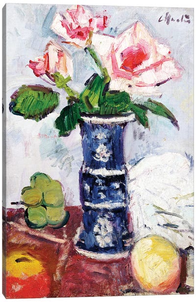 Pink Roses in a Chinese Blue and White Gu-shaped Vase  Canvas Art Print