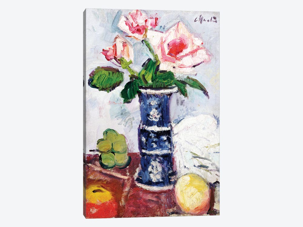 Pink Roses in a Chinese Blue and White Gu-shaped Vase  by George Leslie Hunter 1-piece Canvas Wall Art