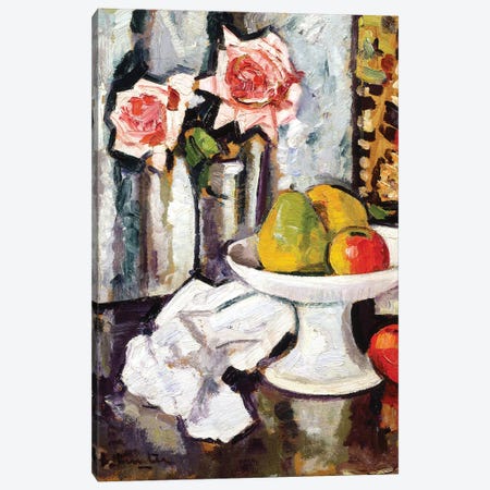 Still life with bowl of fruit and a vase of pink roses  Canvas Print #BMN5661} by George Leslie Hunter Art Print