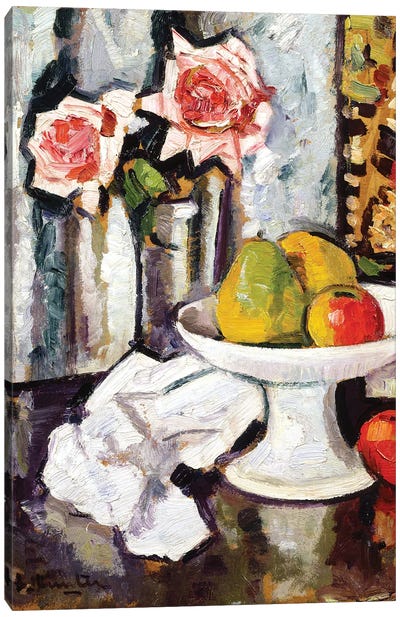 Still life with bowl of fruit and a vase of pink roses  Canvas Art Print
