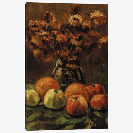 Apples, oranges and a vase of flowers on a table  Canvas Print #BMN5671} by Frans Mortelmans Canvas Wall Art