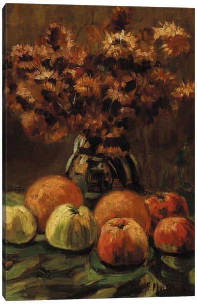 Apples, oranges and a vase of flowers on a table  Canvas Art Print