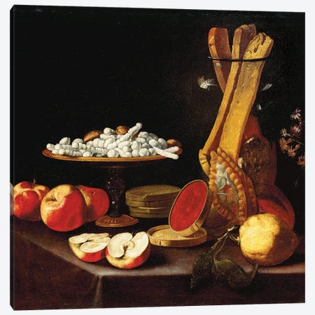 Sweets on a tazza, narcissi in a glass vase, breadsticks in a jar, and apples, jelly and a lemon on a draped table  Canvas Print #BMN5672} by Paolo Antonio Barbieri Canvas Art