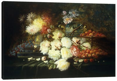 Still life with roses, chrysanthemums, grapes and strawberries  Canvas Art Print