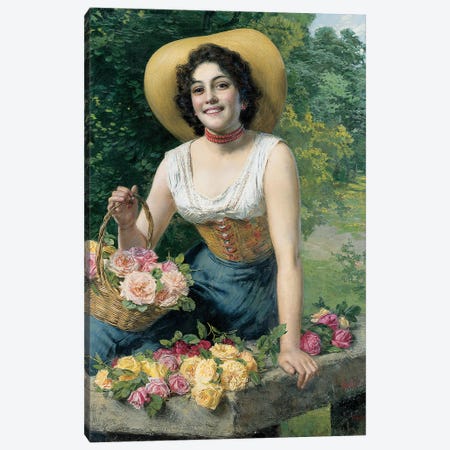 A beauty holding a basket of roses  Canvas Print #BMN5689} by Gaetano Bellei Canvas Print