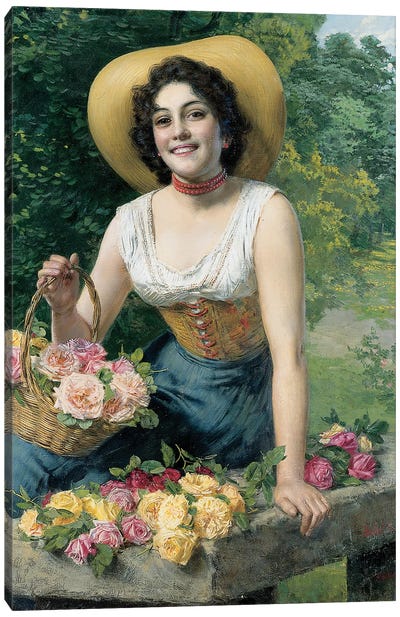 A beauty holding a basket of roses  Canvas Art Print