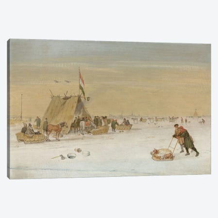 A winter landscape with figures on the ice by a koek-en-zopie tent  Canvas Print #BMN5692} by Hendrik Avercamp Canvas Art