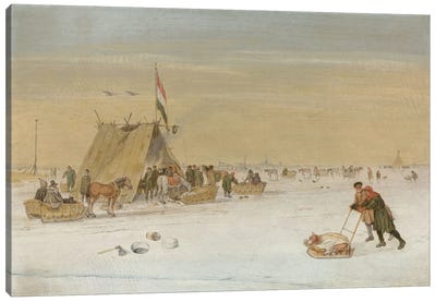 A winter landscape with figures on the ice by a koek-en-zopie tent  Canvas Art Print