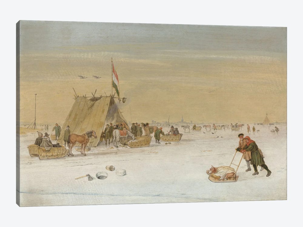 A winter landscape with figures on the ice by a koek-en-zopie tent  1-piece Canvas Art