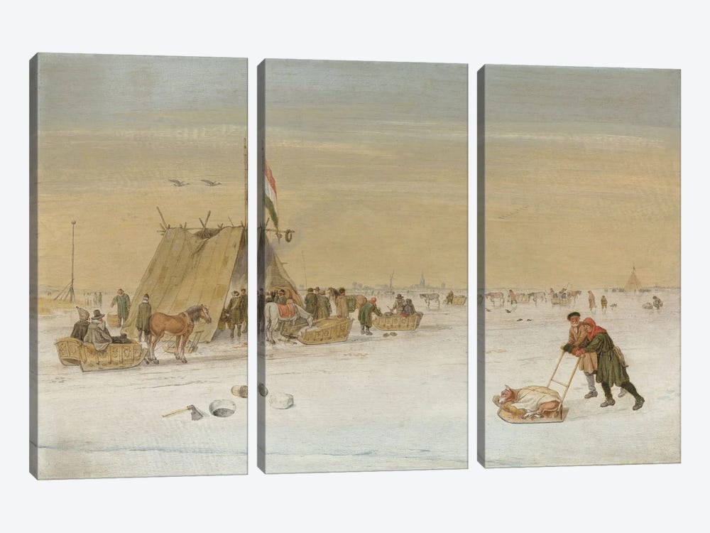 A winter landscape with figures on the ice by a koek-en-zopie tent  by Hendrik Avercamp 3-piece Canvas Wall Art