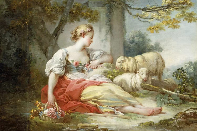 A Shepherdess Seated with Sheep and a Basket of Flowers Near a Ruin in a Wooded Landscape