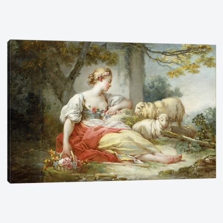 A Shepherdess Seated with Sheep and a Basket of Flowers Near a Ruin in a Wooded Landscape Canvas Print #BMN5733} by Jean-Honore Fragonard Art Print