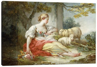 A Shepherdess Seated with Sheep and a Basket of Flowers Near a Ruin in a Wooded Landscape Canvas Art Print