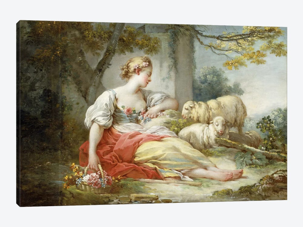 A Shepherdess Seated with Sheep and a Basket of Flowers Near a Ruin in a Wooded Landscape by Jean-Honore Fragonard 1-piece Canvas Wall Art
