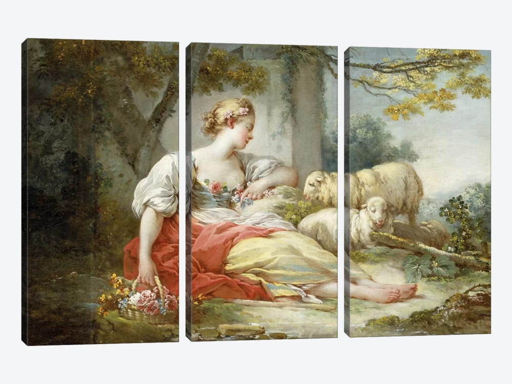 A Shepherdess Seated with Sheep and a Basket of Flowers Near a Ruin in a Wooded Landscape by Jean-Honore Fragonard 3-piece Canvas Art