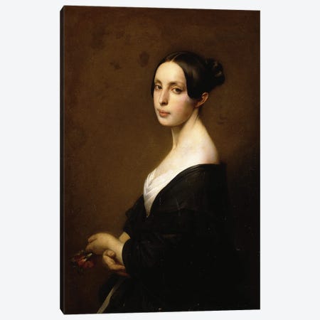 Portrait of a Lady, Half Length Wearing a Black Dress and Holding a Carnation Canvas Print #BMN5734} by Hermann Winterhalter Canvas Wall Art