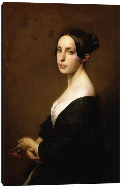 Portrait of a Lady, Half Length Wearing a Black Dress and Holding a Carnation Canvas Art Print