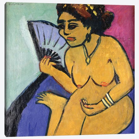 Seated Nude with Fan (Sitzender Akt Mit Facher), 1910-11  Canvas Print #BMN5750} by Ernst Ludwig Kirchner Art Print