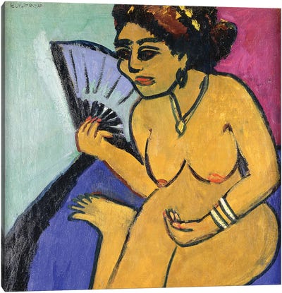 Seated Nude with Fan (Sitzender Akt Mit Facher), 1910-11  Canvas Art Print - Modernism Art