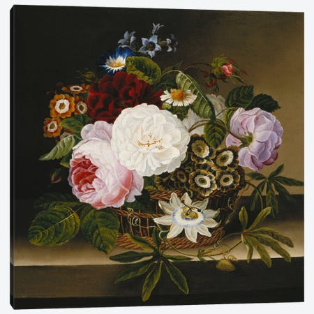 Roses and Other Flowers in a Basket on a Ledge  Canvas Print #BMN5786} by Dionys van Nijmegen Canvas Art Print