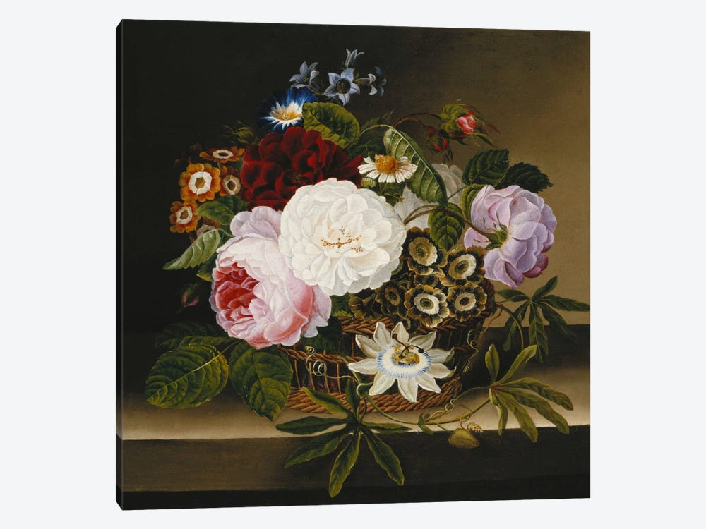 Roses and Other Flowers in a Basket on a Ledge  1-piece Canvas Artwork