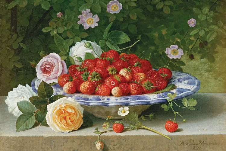 Strawberries in a Blue and White Buckelteller with Roses and Sweet Briar on a Ledge, 1871 