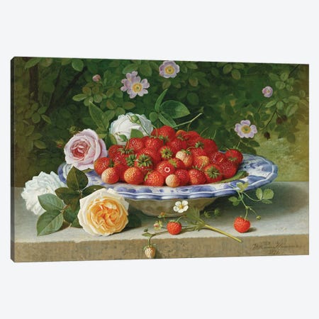 Strawberries in a Blue and White Buckelteller with Roses and Sweet Briar on a Ledge, 1871  Canvas Print #BMN5794} by William Hammer Canvas Wall Art