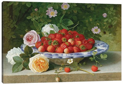 Strawberries in a Blue and White Buckelteller with Roses and Sweet Briar on a Ledge, 1871  Canvas Art Print