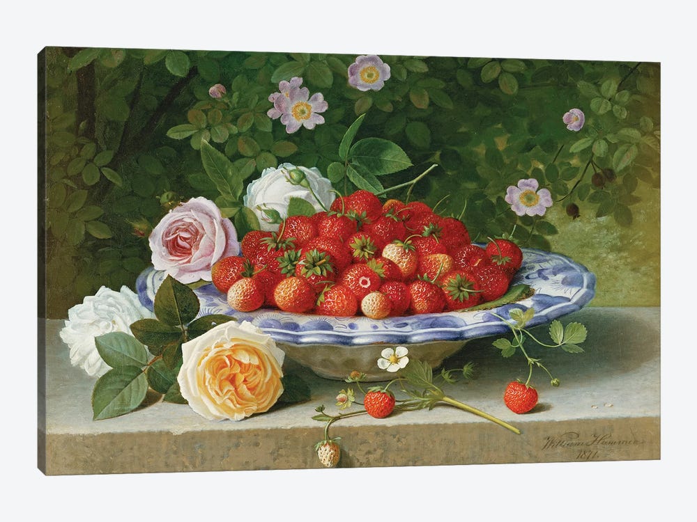 Strawberries in a Blue and White Buckelteller with Roses and Sweet Briar on a Ledge, 1871  by William Hammer 1-piece Canvas Print