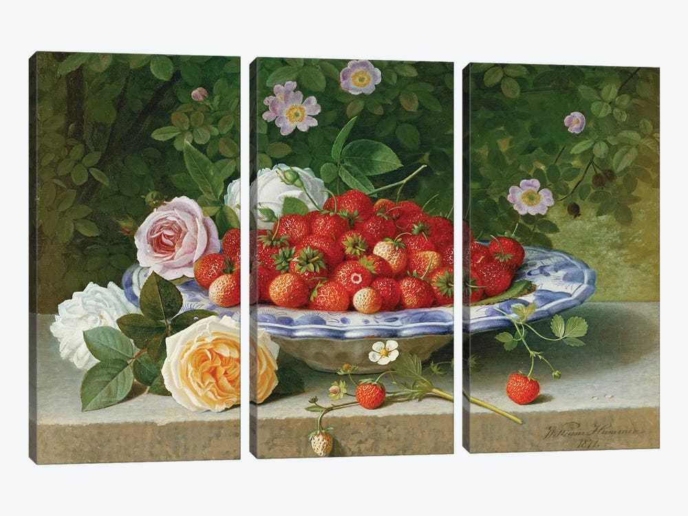 Strawberries in a Blue and White Buckelteller with Roses and Sweet Briar on a Ledge, 1871  by William Hammer 3-piece Canvas Print