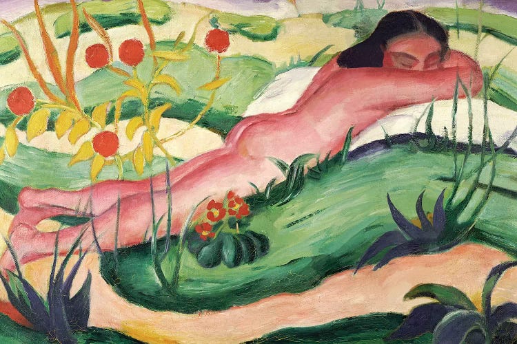Nude Lying in the Flowers, 1910  by Franz Marc wall art