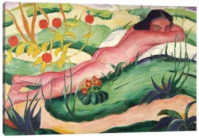 Nude Lying in the Flowers, 1910  Canvas Art Print - Franz Marc