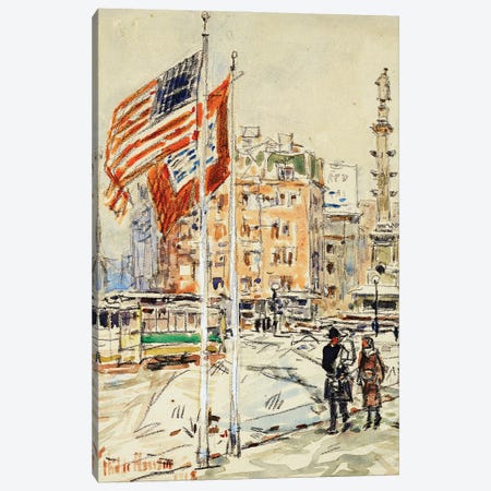 Flags, Columbus Circle, 1918  Canvas Print #BMN5861} by Childe Hassam Art Print