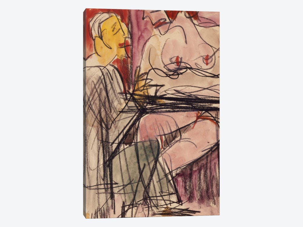 Female Nude and Man sitting at a Table; Weiblicher Akt und Mann an einem Tisch sitzend,  by Ernst Ludwig Kirchner 1-piece Canvas Wall Art