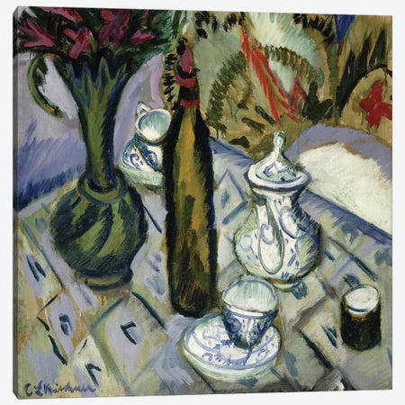 Teapot, Bottle and Red Flowers; Teekanne, Flasche und Rote Blumen, 1912  Canvas Print #BMN5914} by Ernst Ludwig Kirchner Canvas Artwork