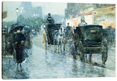 Horse Drawn Cabs at Evening, New York,  Canvas Art Print - Childe Hassam